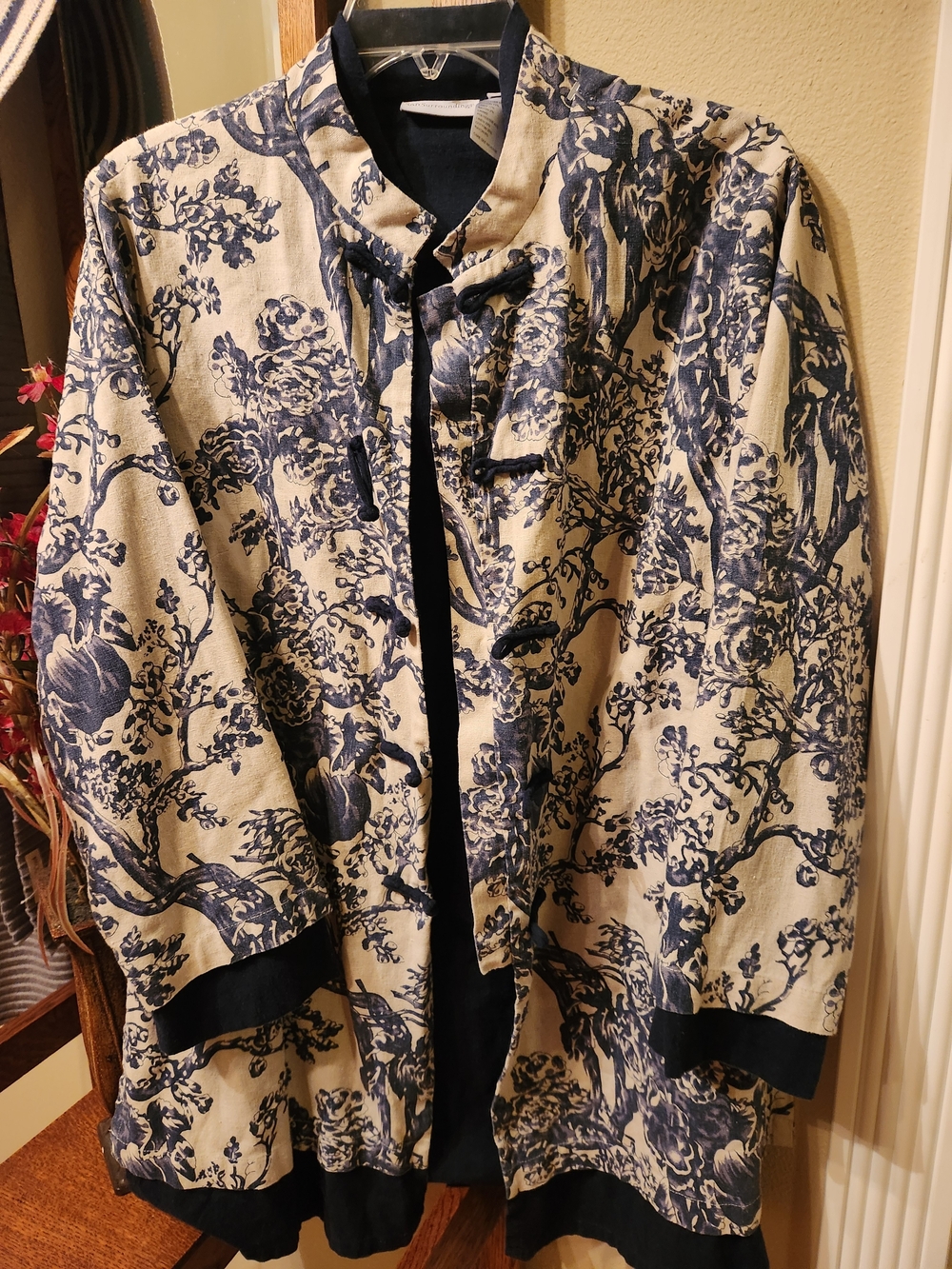 Soft Surroundings Blue and Cream Floral Mandarin Collar Jacket